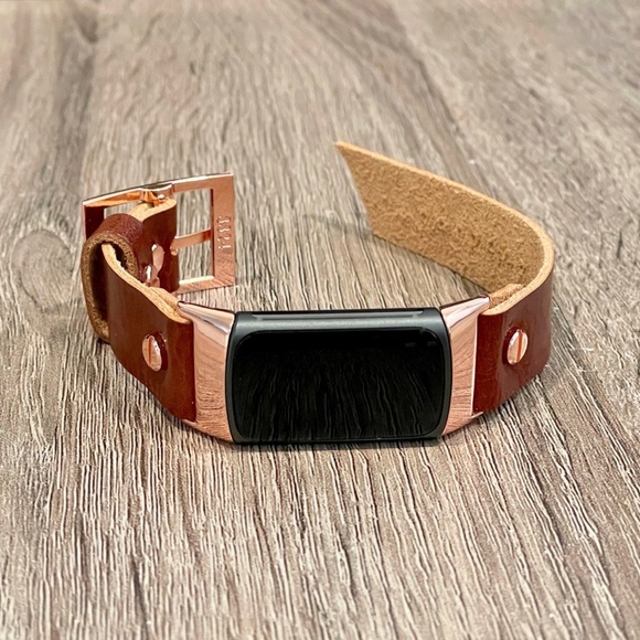 Brown Grain Leather Strap Fitbit Charge 5 Band Rose Gold Jewelry Women Bracelet - Picture 6 of 8